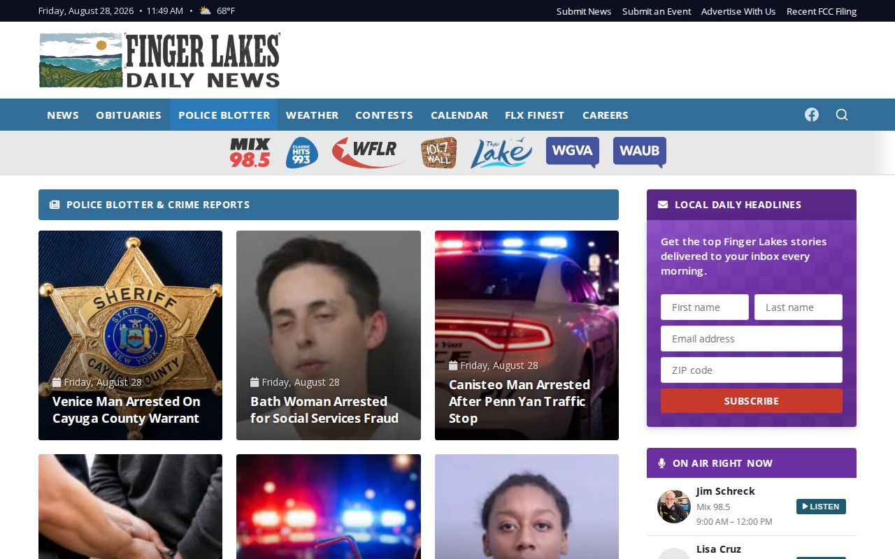 Seneca County crime news police-blotter interface from Finger Lakes Daily News